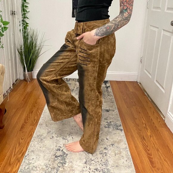 Y2K Melrose Relaxed Fit Mid Rise Camo Flare Pants Belted Waist Size 32 Brown - Picture 3 of 7